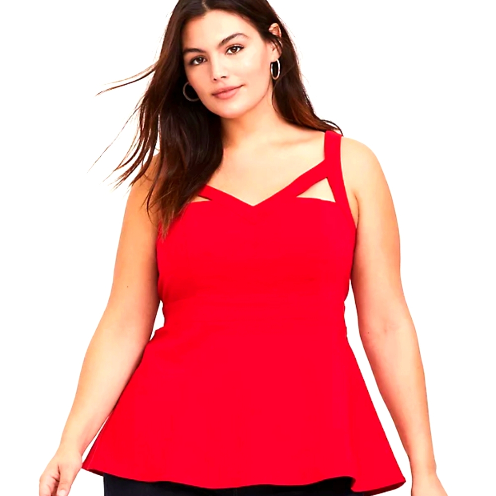 TORRID RED BENGALINE CUTOUT PEPLUM TOP